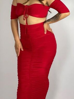 Red Ruched Bodycon Midi Skirt